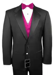 Sizes 34-64 Reg. 6-Piece Tuxedo Package w/Flat Front Pants, Fuchsia Vest/Bow-Tie