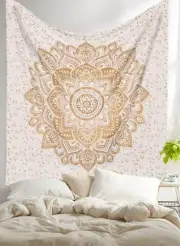 White Golden Ombre Mandala 100% Cotton Twin Size Tapestry Bohemian Wall Hanging