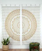 White Gold Indian Mandala Hippie Cotton Window Door Curtains Drapes Wall Decor