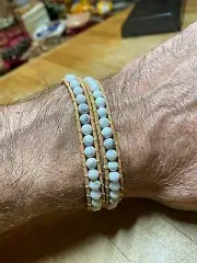 Howlite Crystal Gemstone Leather Wrapped Double Strand Bangel Mala Bracelet