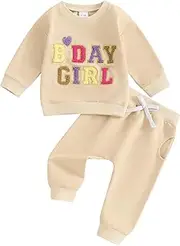 [Kayotuas] Birthday Girl Outfit Toddler Baby Girl Fall Winter Clothes Embroidery Sweatshirt and Pants Little Kids Two Piece Set