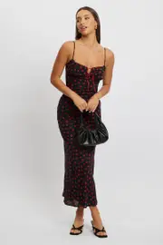 Black Ditsy Maxi Dress Lace Satin Tape - Size 16XL, Women's Maxi Dress