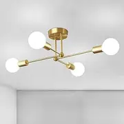 Industrial Ceiling Light, 4 E27 Lights Chandelier Made of Golden Iron, Retro Sputnik Ceiling Light for Bedroom, Living Room, Kitchen, Adjustable Shape, Diameter 72 cm (Bulb Not Included)