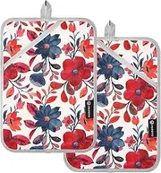 Pot Holder Heat Resistant Vintage Flowers Rustic Dark Red Blue Potholders with Pocket Hot Pads Oven Mitts 2 Pack