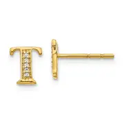Solid 14k Yellow Gold Simulated CZ Initial T Earrings