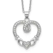 Sterling Silver Rhod-plated Claddagh Heart CZ W/ 1 in ext.Necklace