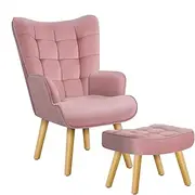 ALFORDSON Velvet Armchair with Footstool Ottoman, High Back Leisure Occasional Accent Nursing Chair Solid Wooden Legs, Lounge Sofa for Reading Dressing Bedroom Living Room, Max 180kg, Bozena Pink