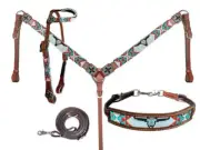 Showman Aztec & Longhorn Beaded Leather Headstall & Breast Collar Set
