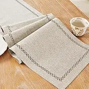 Burlap Style Farmhouse Table Runner, 13 x 36 Inch Coffee, Rustic Geometric Hollow Table Runners 36 Inches Long for Dresser Table Everyday Use, 13x36 Inches, Coffee