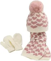 [Lifenanny] Toddler Kids Winter Hat Scarf Gloves Set, Cute Warm Knitted Beanie Hat with Pompom Scarf Mittens for Baby Girls 6 12 18 Months Pink, Pink, Medium-Large