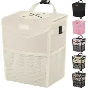 Leakproof Car Trash Can with Lid - Portable Beige Organizer for Vehicle Seats
