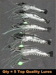 5 x GLOW Rigged Prawn Lures Bream Flathead Whiting Bass Jewfish Soft Plastics