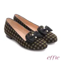 在飛比找momo購物網優惠-【effie】都會舒適 全真皮豔彩格紋拼接珍珠蝴蝶低跟鞋(橄