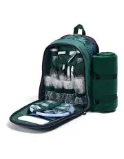[TRAILMASTER] 4 Person Insulated Picnic Padded Backpack /Cutlery/Glasses/Blanket in Green
