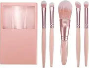 Professional Travel Makeup Brush Set with Mirror and Storage Case 5 Piece Portable Mini Cosmetic Brush Kit for Contouring, Eyeshadow, and Detailing (Pink)