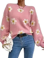 [IDEALSANXUN] Womens Diasy Sweater Fall Winter Long Sleeve Pullover Loose Fit Pullover Knit Tops