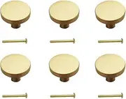 6-Pack Solid Brass Cabinet Knobs, 30MM Diameter, Round Gold Dresser Drawer Pulls Handles, Modern Kitchen Hardware, Brushed Brass Finish