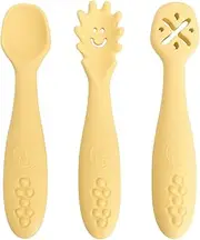 Dreambaby Scoop Mash and Twist Silicone Baby Spoon Set - 3 Stage Toddler Utensils for Baby Led Weaning - Soft Chew Training Spoons - Butter