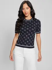 GUESS Women's Navy Logo Rosie Knit Top Size: Medium, Viscose Rayon
