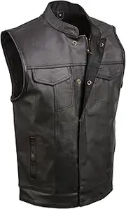EVENT LEATHER Men's Leather Motorcycle Vest Zipper & Snap Closure w/2 Inside Gun Pockets & Single Panel Back