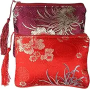 [kilofly] Chinese Silk Brocade Padded Tassel Zipper Jewelry Pouch Bag, Set of 2