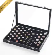 Black Jewelry Display Storage Box Dustproof Glass Lid 100 Rings Organizer
