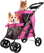 Ibiyaya Double Decker Bus Pet Pram Stroller for Dogs and Cats, Red Violet