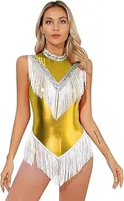 [Jugaoge] Womens Sequins Fringed Latin Dance Leotard Metallic Tassel Bodysuit Tango Performance Costume