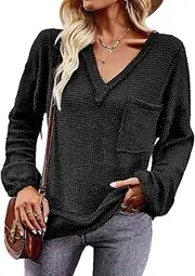[TcIFE] Women's Waffle Knit Sweater - Soft Elastic Material with Fringe V-Neck Puff Sleeves and Patch Pockets for Casual Style