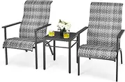 Costway 3-Piece Patio Bistro Furniture Set, PE Rattan Chairs with Coffee Table, Outdoor Conversation Set with High Backrest and Anti-Rust Steel Frame, Suitable for Patio, Garden, Poolside
