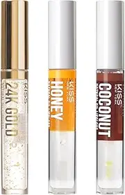 [KISS] New York 3 PACK Lip Oil Gloss, Hydrating Non-Sticky Lip Oil, 100% Natural Oil Clear Lip Gloss, Lightweight Lip Moisturizer (Gold & Honey & Coconut)
