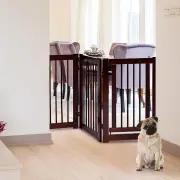 Costway4 Panel Folding Dog Fence with Walk Through Door-Coffee