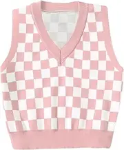 [Floerns] Girls Checker Print V Neck Sleeveless Sweater Vest Tank Top