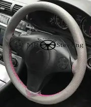 FOR 06-15 VW EOS GREY PERFORATED LEATHER STEERING WHEEL COVER HOT PINK DOUBLE ST (for: Volkswagen)