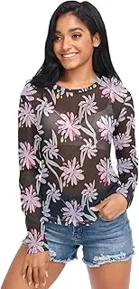[ODAWA] Wild Flowers Black Long Sleeve Sheer Blouse See Through Blouses O Neck Clubwear for Women