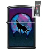 Zippo 82240 wolf howling at night full moon paint splatters Lighter + FLINT PACK