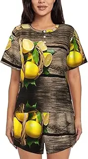 [JEJEA] One Basket Lemons print 2 Piece Womens Pajama Set With Pockets Ladies Pjs Summer Sleepwear Set Round Neck Short Sleeve