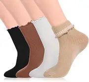 [Sibba] Ruffle Socks Women 4 Pairs Trim Ruffle Frilly Turn Cuff Socks Vintage Dress Socks Lightweight Cotton Socks Crew Ankle Boot Socks Winter Solid Thick Warm Socks Cozy Crew Socks, Multicolor