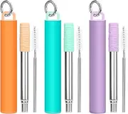 FYY Reusable Straws - 3 Pack Collapsible Stainless Steel Straws with Cleaning Brush and Silicone Tips Portable Travel Telescopic Drinking Straws with Storage Case and Keychain Ring-2