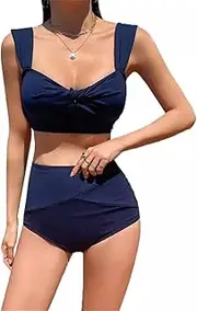 Korean Style Mid Waist Bikini Set Women Biquini Suit Two Pieces Swimwear Solid Swimsuit Beach Suit