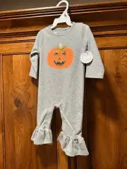 Mud Pie Baby's Halloween Jumpsuit Pumpkin Appliqué Ruffle Hem Gray