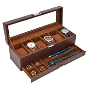 Watch Box for Men, 6 Slot Watch Display Case with Drawer, Mens 6-Slot Espresso