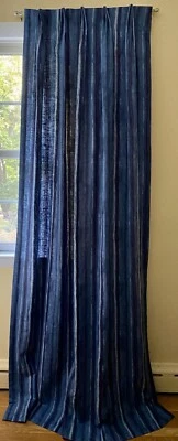 PAIR Custom DESIGNER Linen Indigo Blue Stripes Lined Panels DRAPES 91”x24”NEW