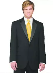 Sizes 35-64. Long 7-Piece Tuxedo Package w/Flat Front Pants, Gold Vest & Tie