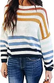 [KIRUNDO] 2023 Fall Winter Women's Striped Color Block Short Sweater Long Sleeve Crew Neck Casual Loose Knit Pullover Tops(Medium, 2014-Blue)