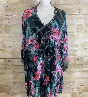 Jennifer Lopez Caftan Dress M Black Tropical Floral Kaftan Kimono Beaded NWT