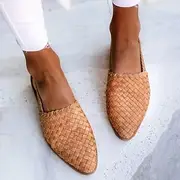 Women's Black Woven Flat Mules with Adjustable Slingback Strap - Stylish Summer Casual Shoes
