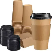 50 Sets 16 Oz. Disposable Kraft Coffee Cups with Black Lids Sleeves to Go Paper
