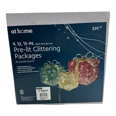 At Home Pre-lit Glittering Packages 9”, 12”, 15” Boxes Christmas Holiday New