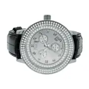 Men's Genuine Diamond White Tone Black Leather Band Watch Analog Water Resistant